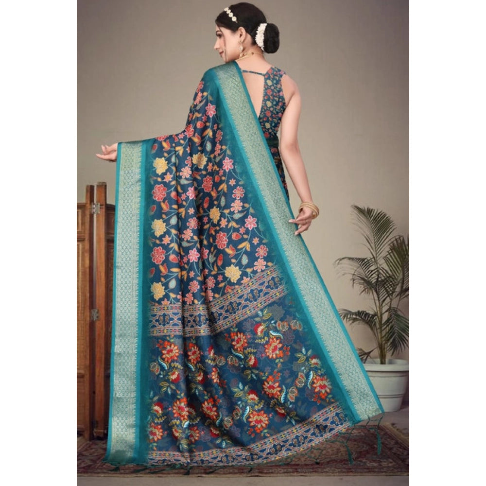 Women's Cotton Silk  Printed Saree With Unstitched Blouse 5.5Mtr闁?Blue)