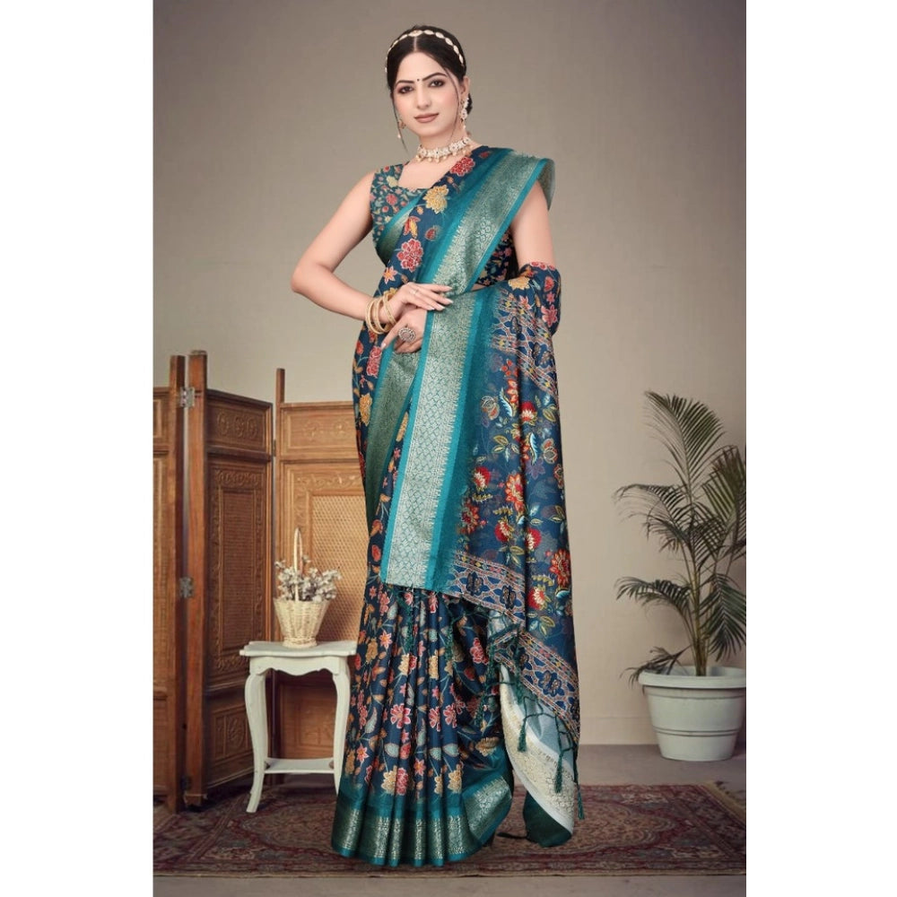 Women's Cotton Silk  Printed Saree With Unstitched Blouse 5.5Mtr闁?Blue)