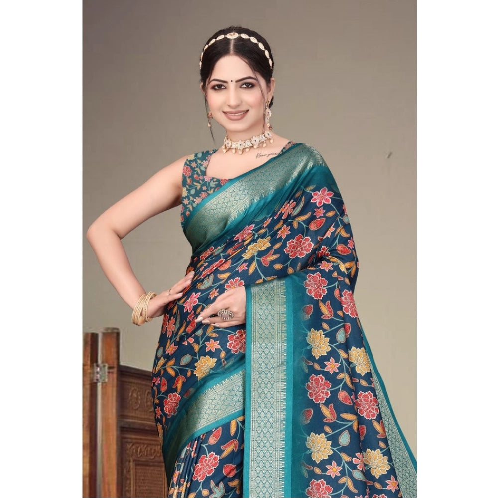 Women's Cotton Silk  Printed Saree With Unstitched Blouse 5.5Mtr闁?Blue)