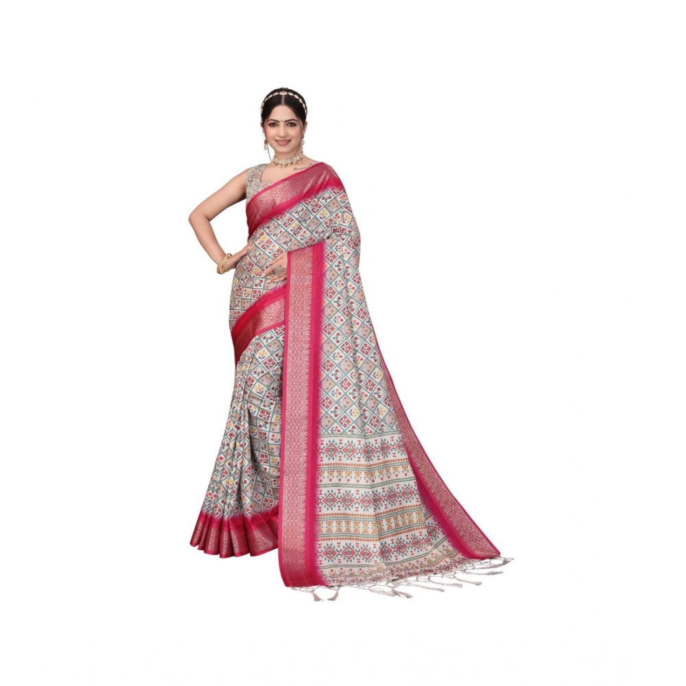 Women's Cotton Silk  Printed Saree With Unstitched Blouse 5.5Mtr闁?Pink)
