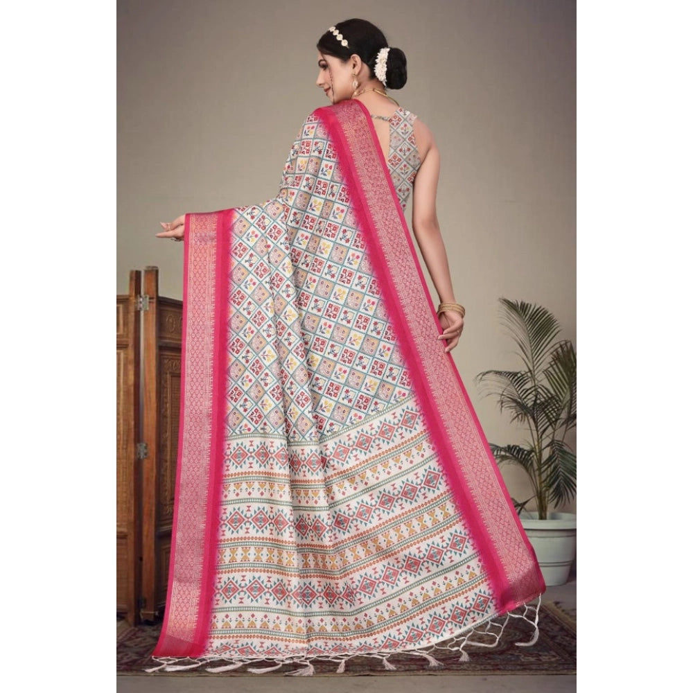 Women's Cotton Silk  Printed Saree With Unstitched Blouse 5.5Mtr闁?Pink)