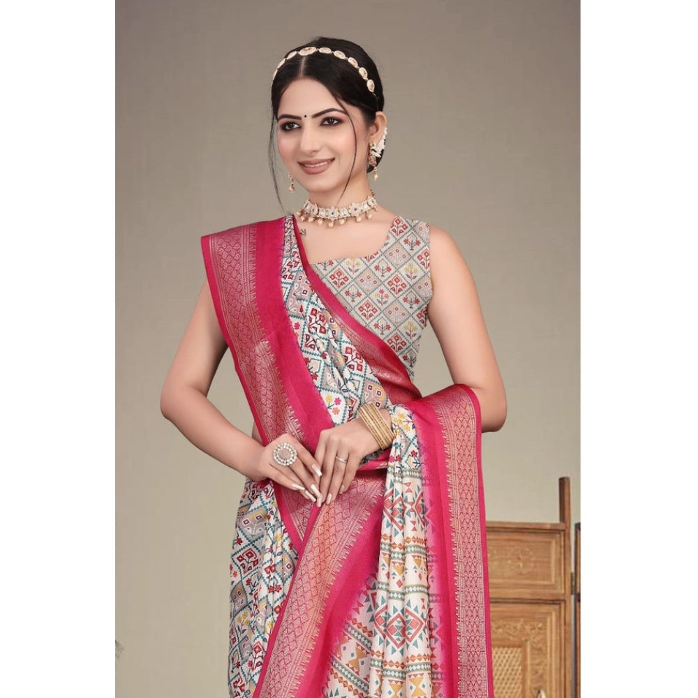 Women's Cotton Silk  Printed Saree With Unstitched Blouse 5.5Mtr闁?Pink)