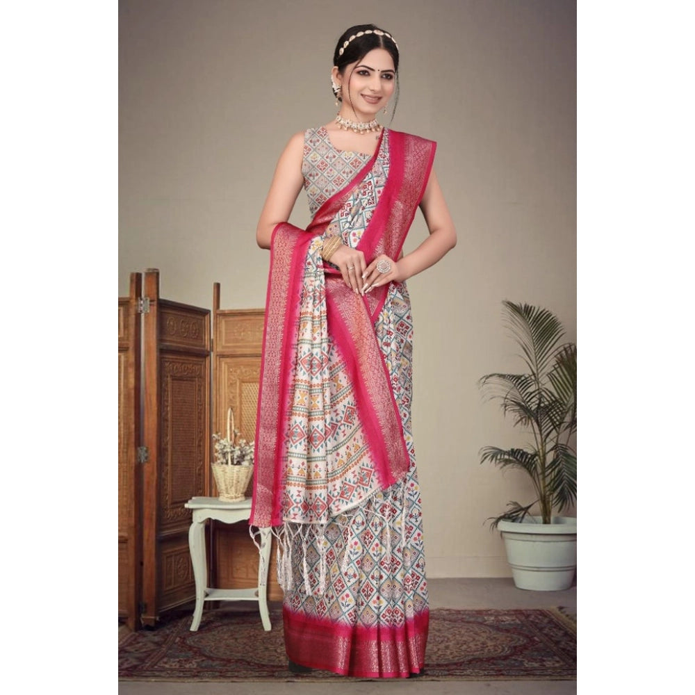 Women's Cotton Silk  Printed Saree With Unstitched Blouse 5.5Mtr闁?Pink)