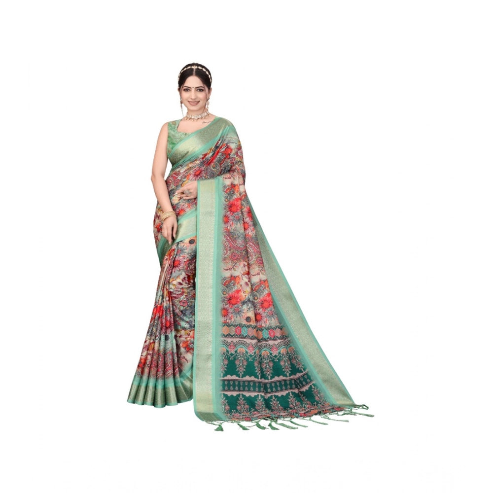 Women's Cotton Silk  Printed Saree With Unstitched Blouse 5.5Mtr闁?Light Green)