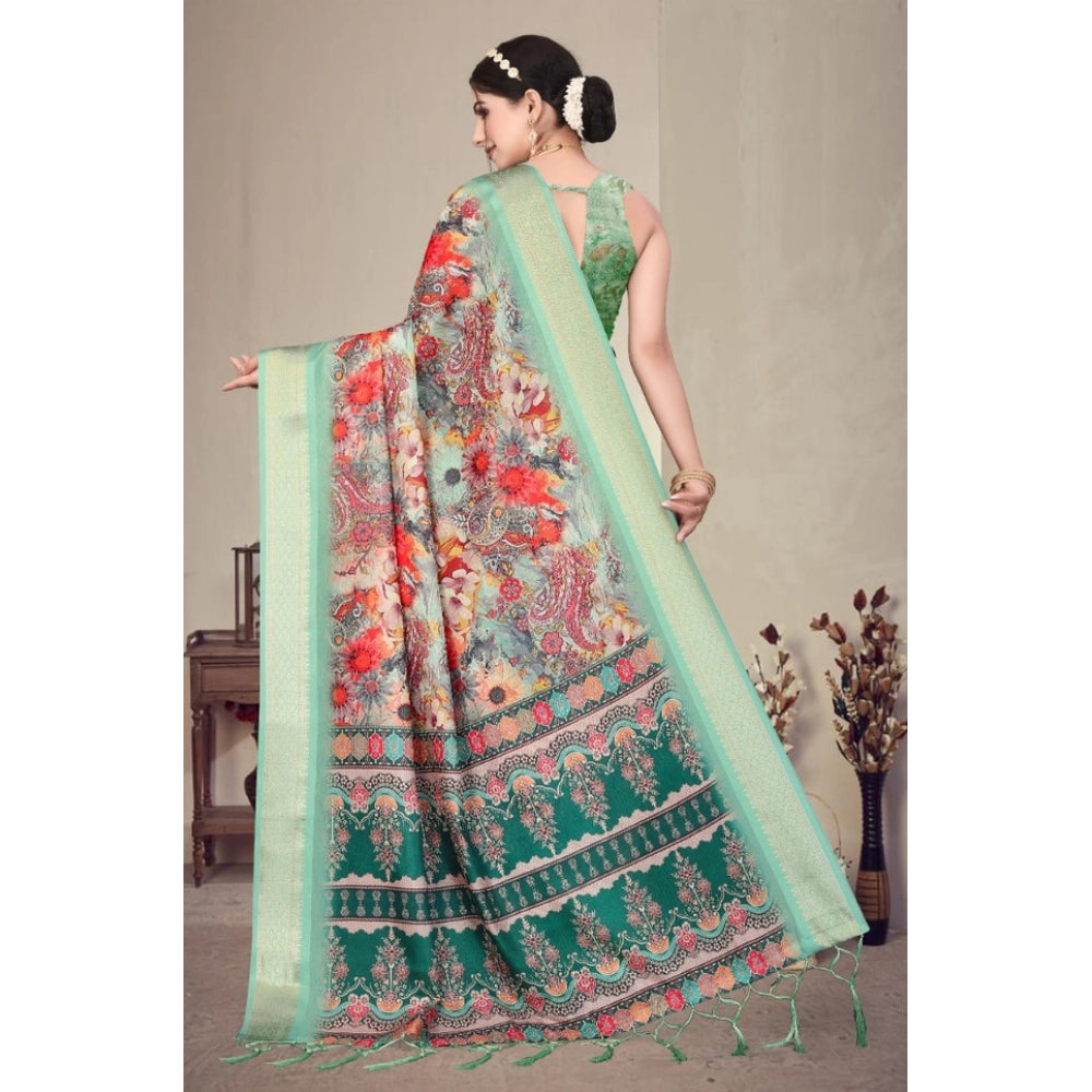 Women's Cotton Silk  Printed Saree With Unstitched Blouse 5.5Mtr闁?Light Green)