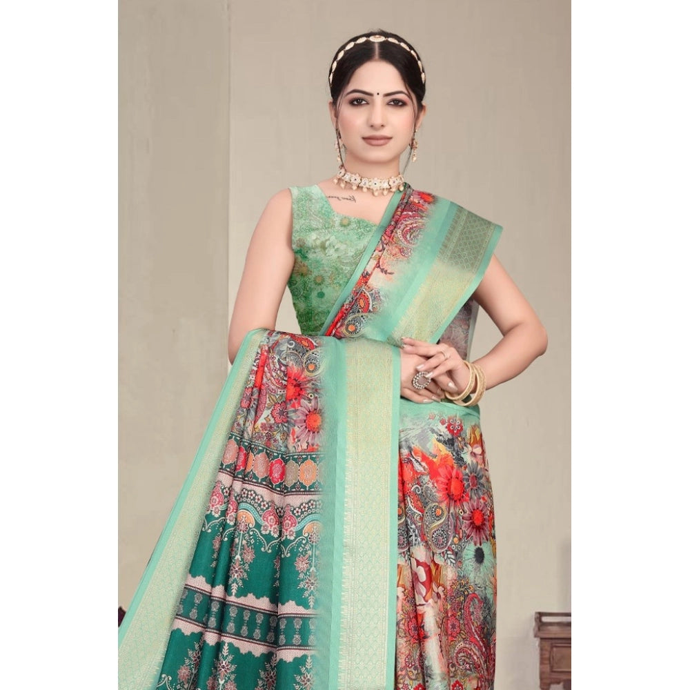 Women's Cotton Silk  Printed Saree With Unstitched Blouse 5.5Mtr闁?Light Green)