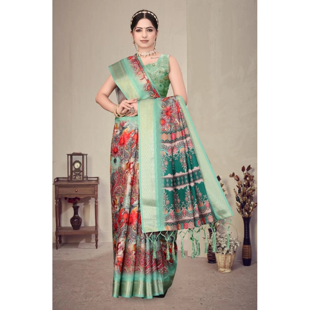 Women's Cotton Silk  Printed Saree With Unstitched Blouse 5.5Mtr闁?Light Green)