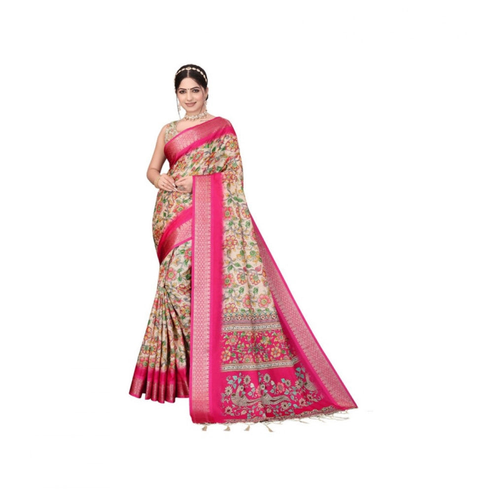 Women's Cotton Silk  Printed Saree With Unstitched Blouse 5.5Mtr闁?Pink)