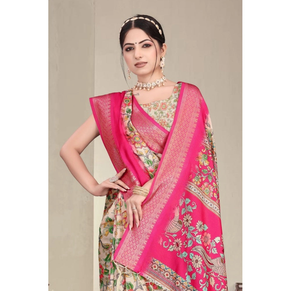 Women's Cotton Silk  Printed Saree With Unstitched Blouse 5.5Mtr闁?Pink)