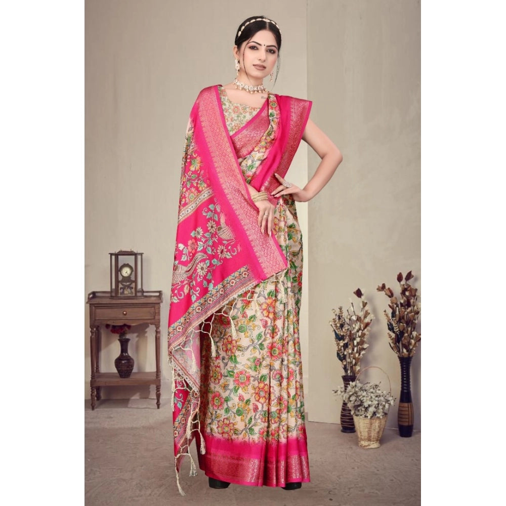 Women's Cotton Silk  Printed Saree With Unstitched Blouse 5.5Mtr闁?Pink)