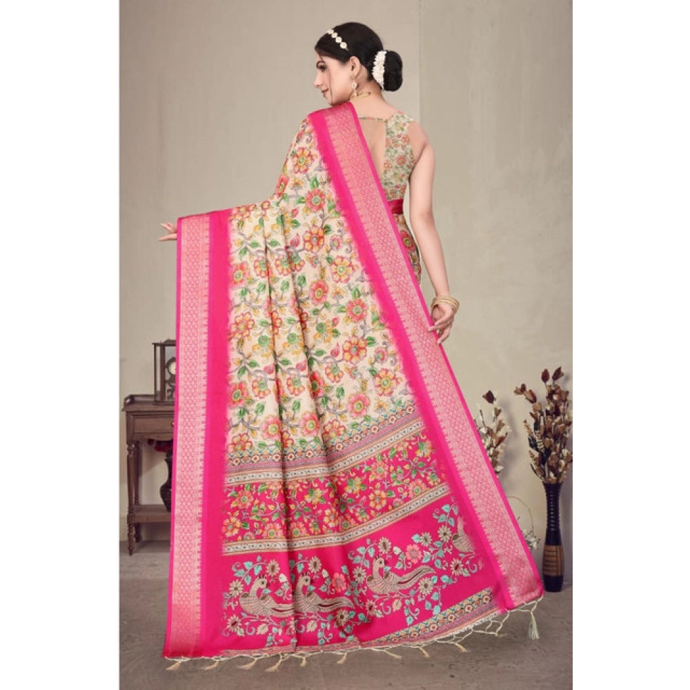 Women's Cotton Silk  Printed Saree With Unstitched Blouse 5.5Mtr闁?Pink)