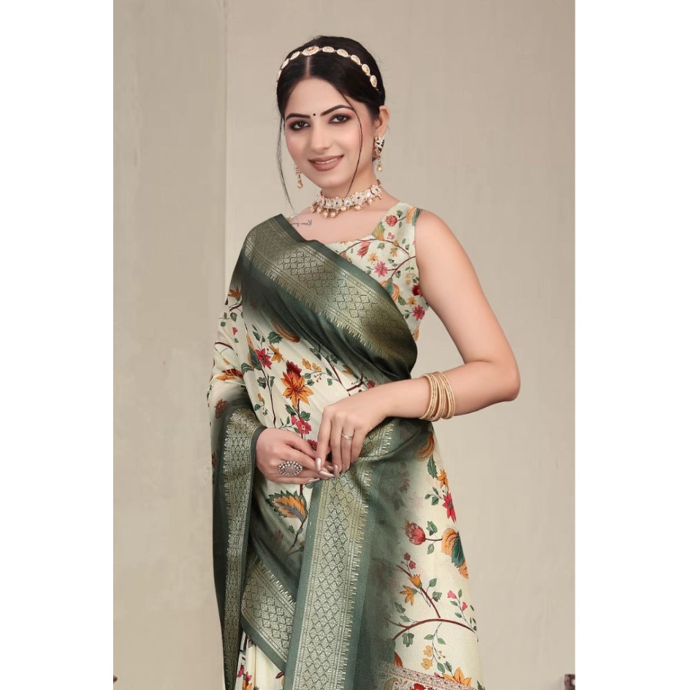 Women's Cotton Silk  Printed Saree With Unstitched Blouse 5.5Mtr闁?Green)