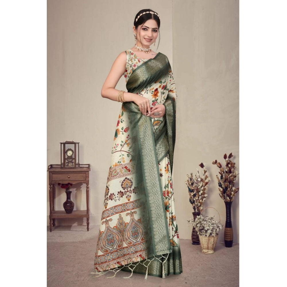 Women's Cotton Silk  Printed Saree With Unstitched Blouse 5.5Mtr闁?Green)