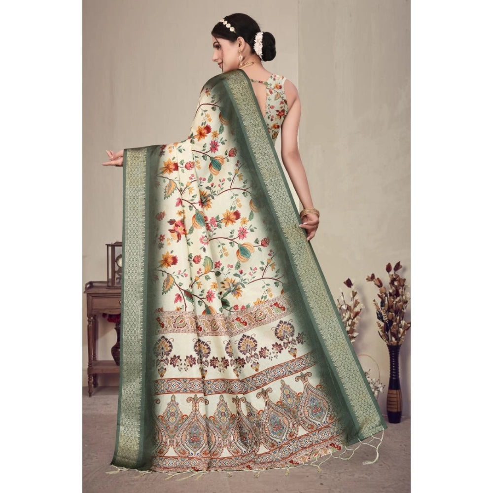 Women's Cotton Silk  Printed Saree With Unstitched Blouse 5.5Mtr闁?Green)