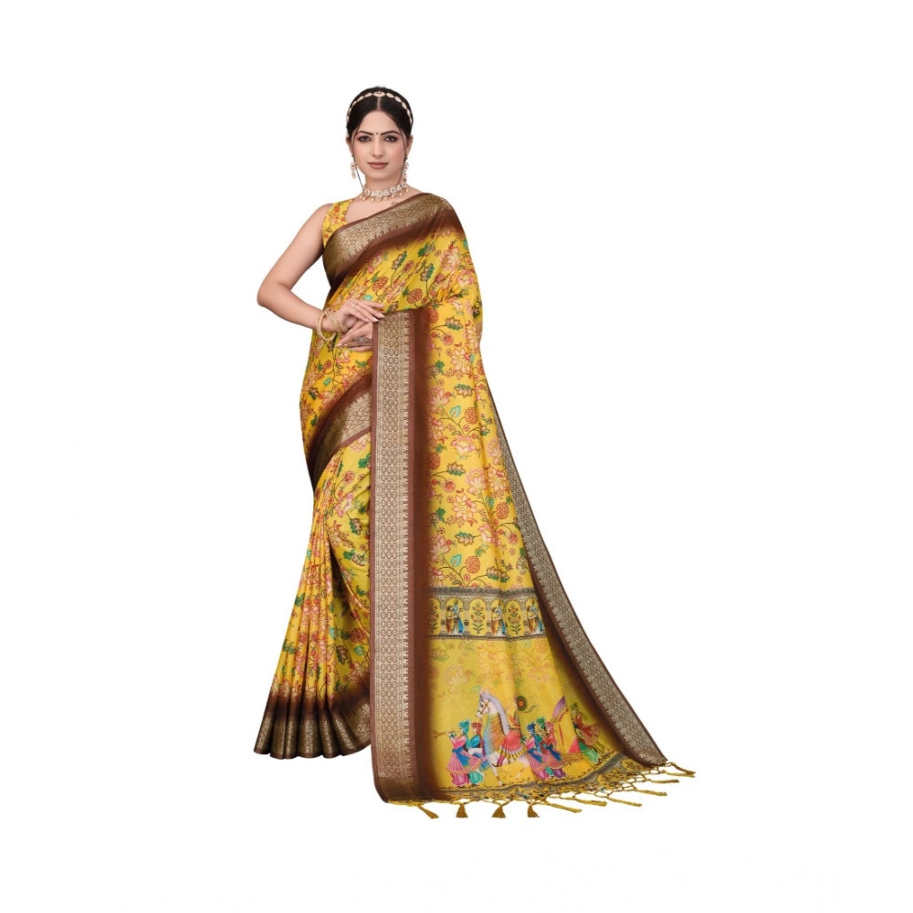 Women's Cotton Silk  Printed Saree With Unstitched Blouse 5.5Mtr闁?Yellow)