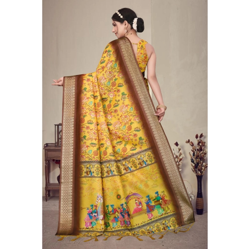 Women's Cotton Silk  Printed Saree With Unstitched Blouse 5.5Mtr闁?Yellow)