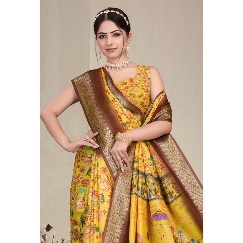 Women's Cotton Silk  Printed Saree With Unstitched Blouse 5.5Mtr闁?Yellow)