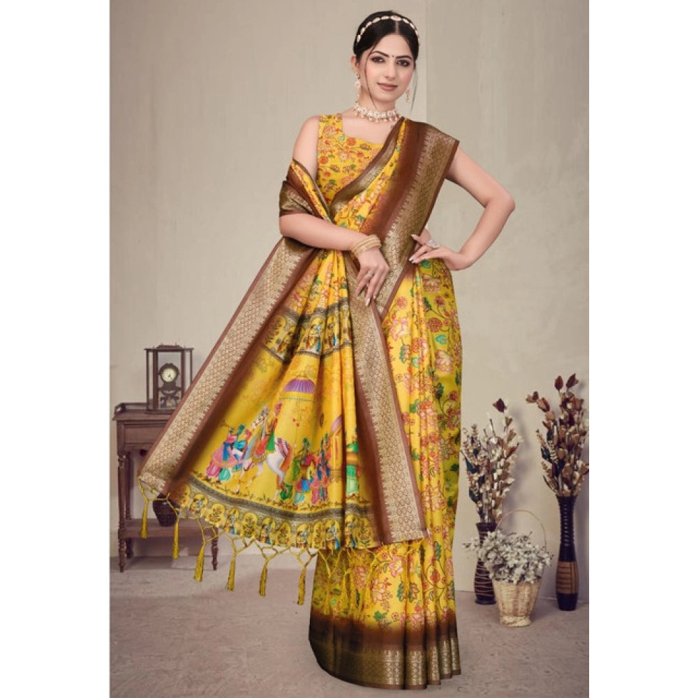 Women's Cotton Silk  Printed Saree With Unstitched Blouse 5.5Mtr闁?Yellow)