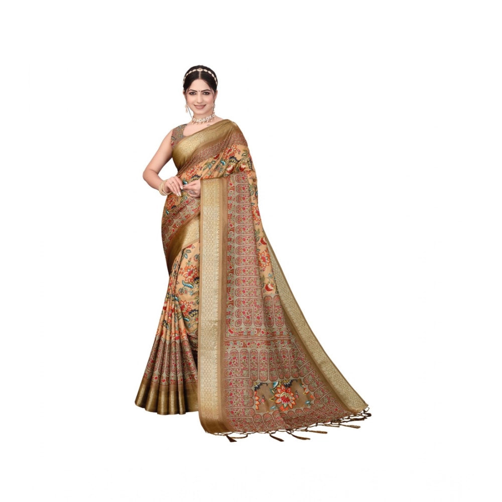 Women's Cotton Silk  Printed Saree With Unstitched Blouse 5.5Mtr闁?Peach)