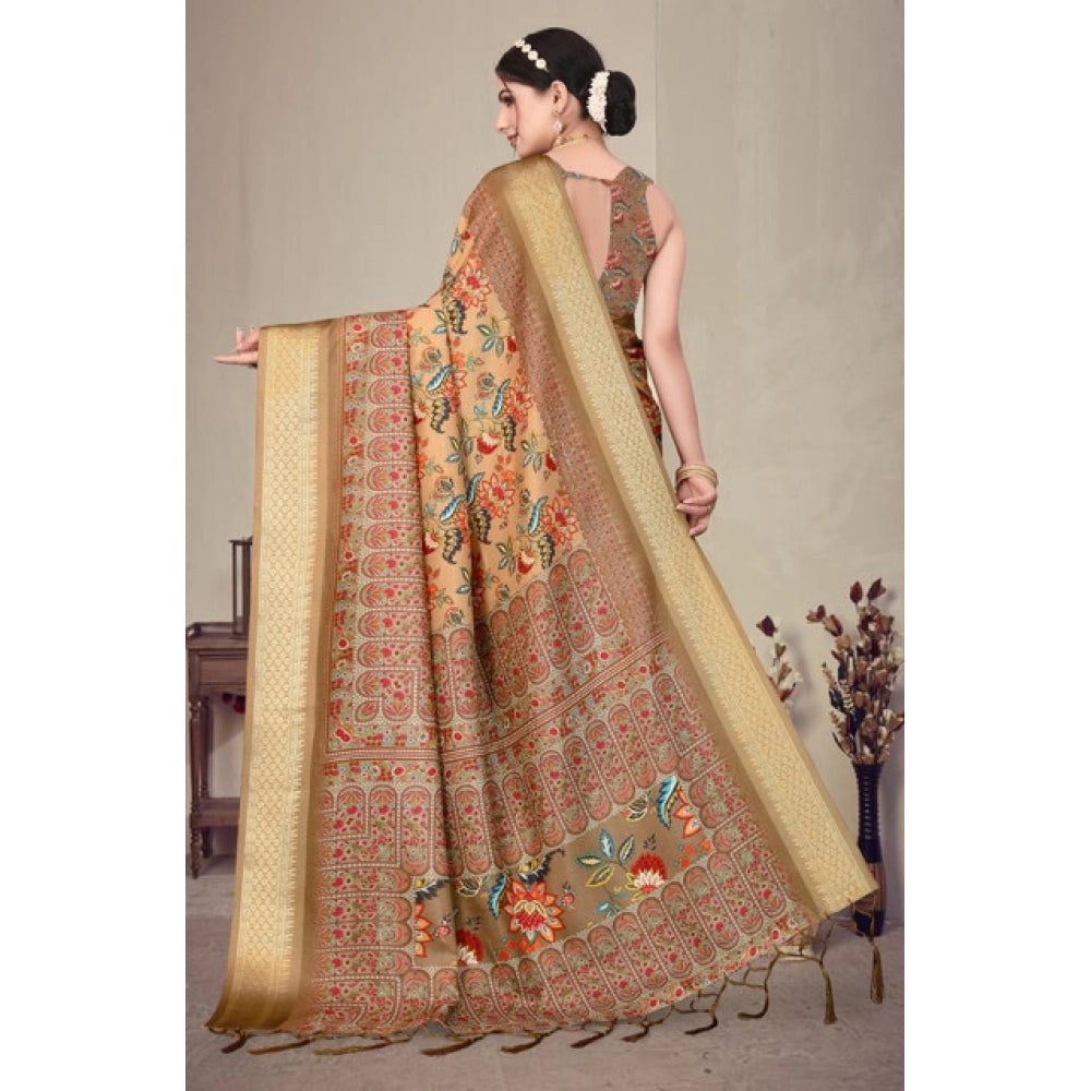 Women's Cotton Silk  Printed Saree With Unstitched Blouse 5.5Mtr闁?Peach)