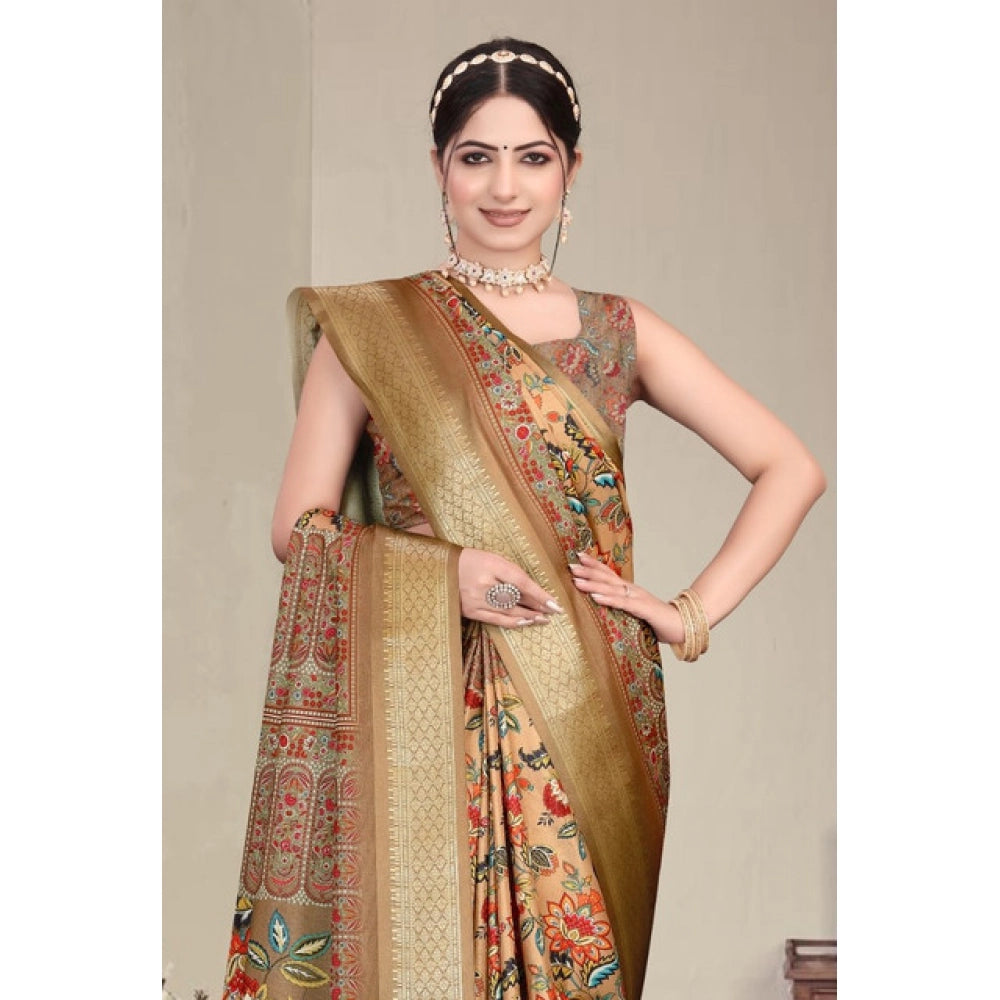 Women's Cotton Silk  Printed Saree With Unstitched Blouse 5.5Mtr闁?Peach)