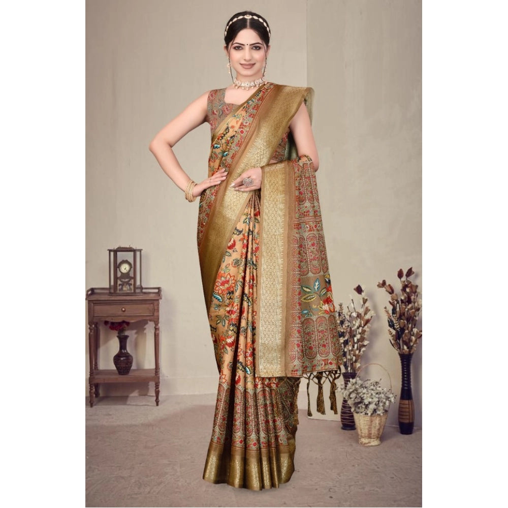 Women's Cotton Silk  Printed Saree With Unstitched Blouse 5.5Mtr闁?Peach)