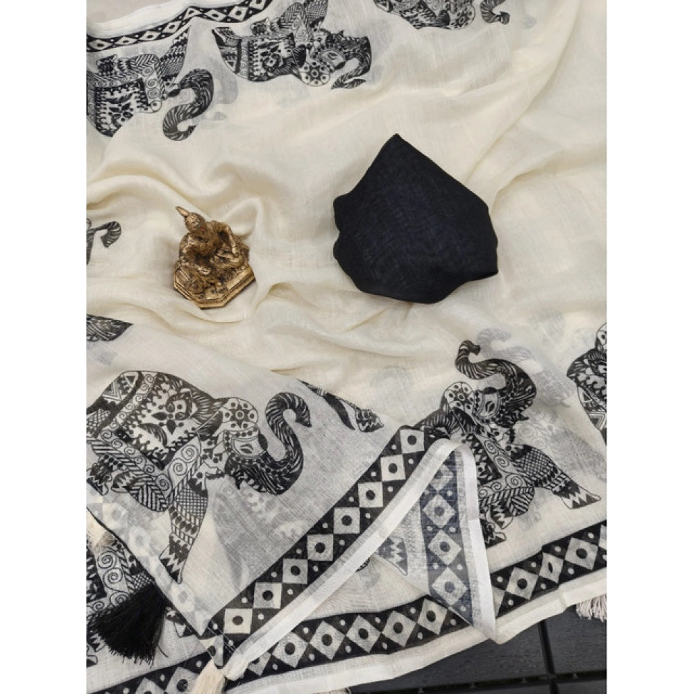 Women's Linen Cotton Printed Saree With Unstitched Blouse 5.5Mtr闁?Cream &amp; Black)
