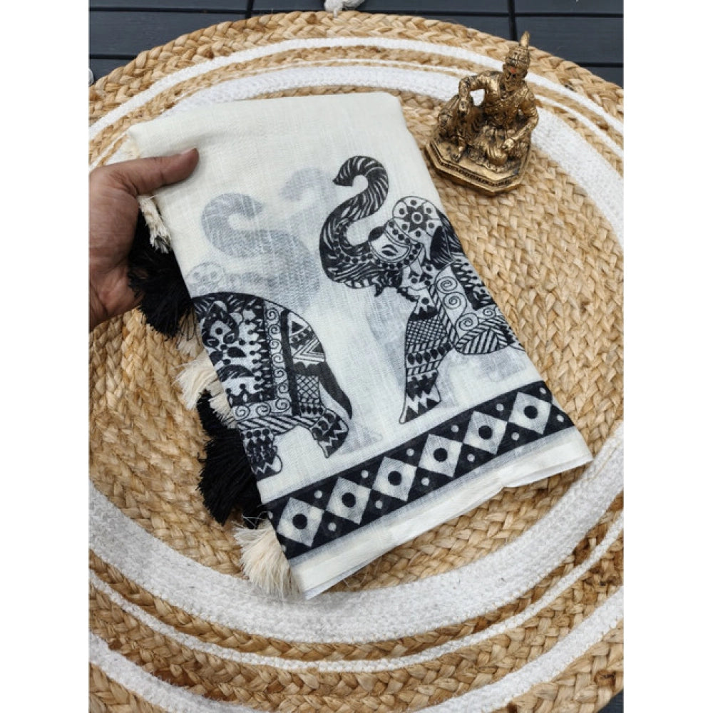 Women's Linen Cotton Printed Saree With Unstitched Blouse 5.5Mtr闁?Cream &amp; Black)