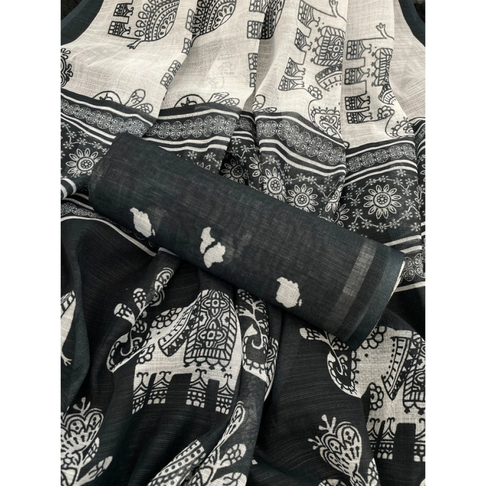Women's Linen Cotton Printed Saree With Unstitched Blouse 5.5Mtr闁?Black)