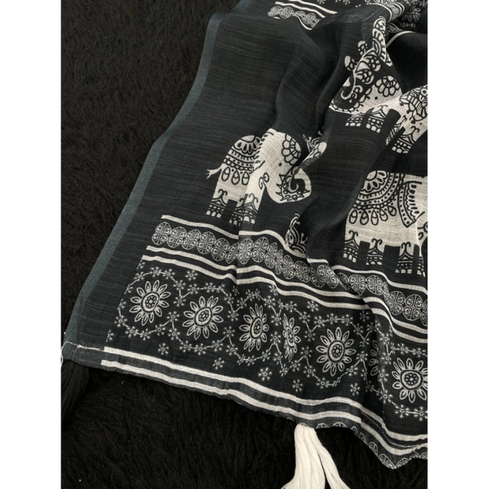 Women's Linen Cotton Printed Saree With Unstitched Blouse 5.5Mtr闁?Black)