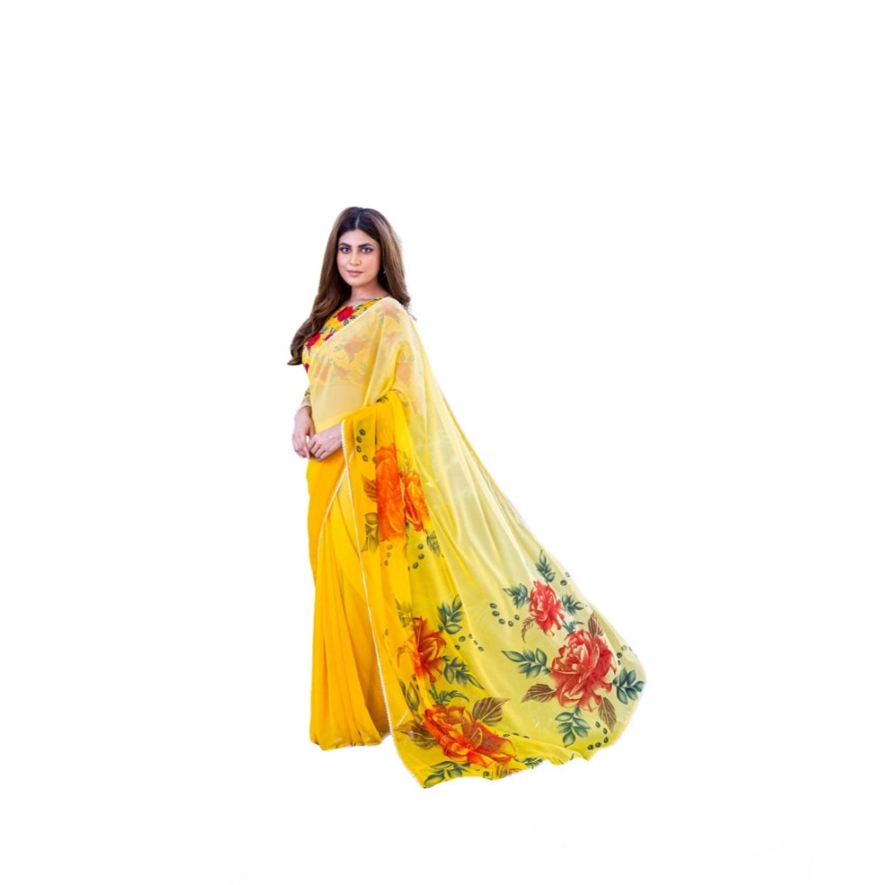 Women's Georgette  Printed Saree With Unstitched Blouse 5.5Mtr闁?Yellow)
