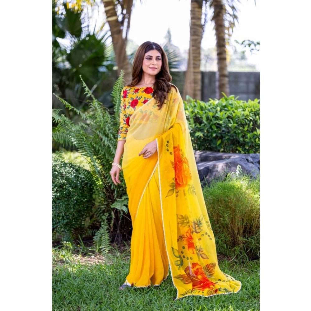 Women's Georgette  Printed Saree With Unstitched Blouse 5.5Mtr闁?Yellow)