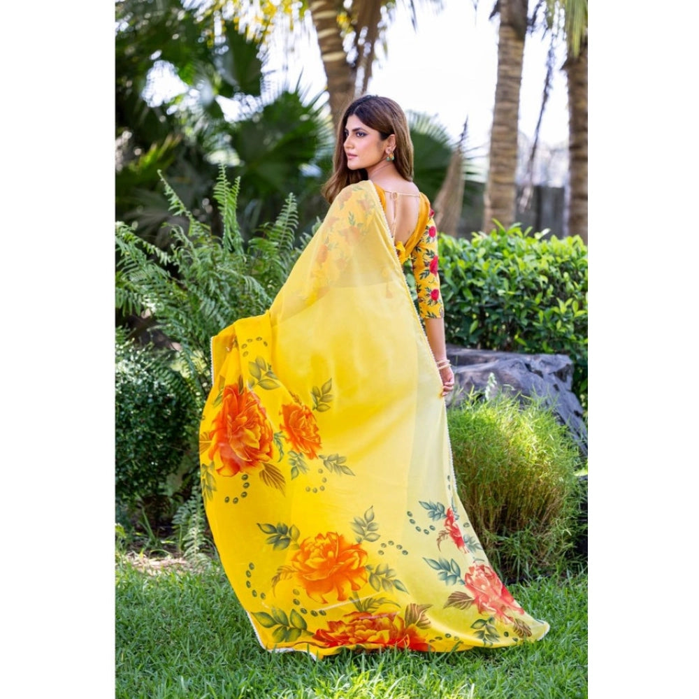 Women's Georgette  Printed Saree With Unstitched Blouse 5.5Mtr闁?Yellow)