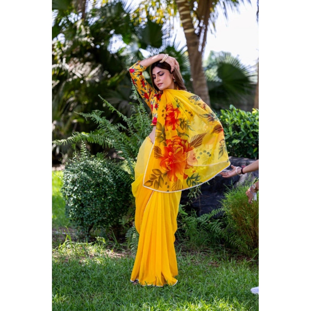 Women's Georgette  Printed Saree With Unstitched Blouse 5.5Mtr闁?Yellow)