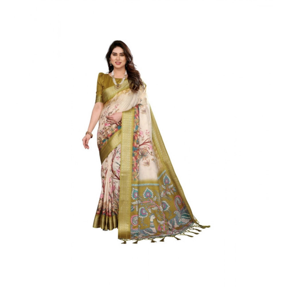 Women's Cotton Silk  Printed Saree With Unstitched Blouse 5.5Mtr闁?Olive Green)