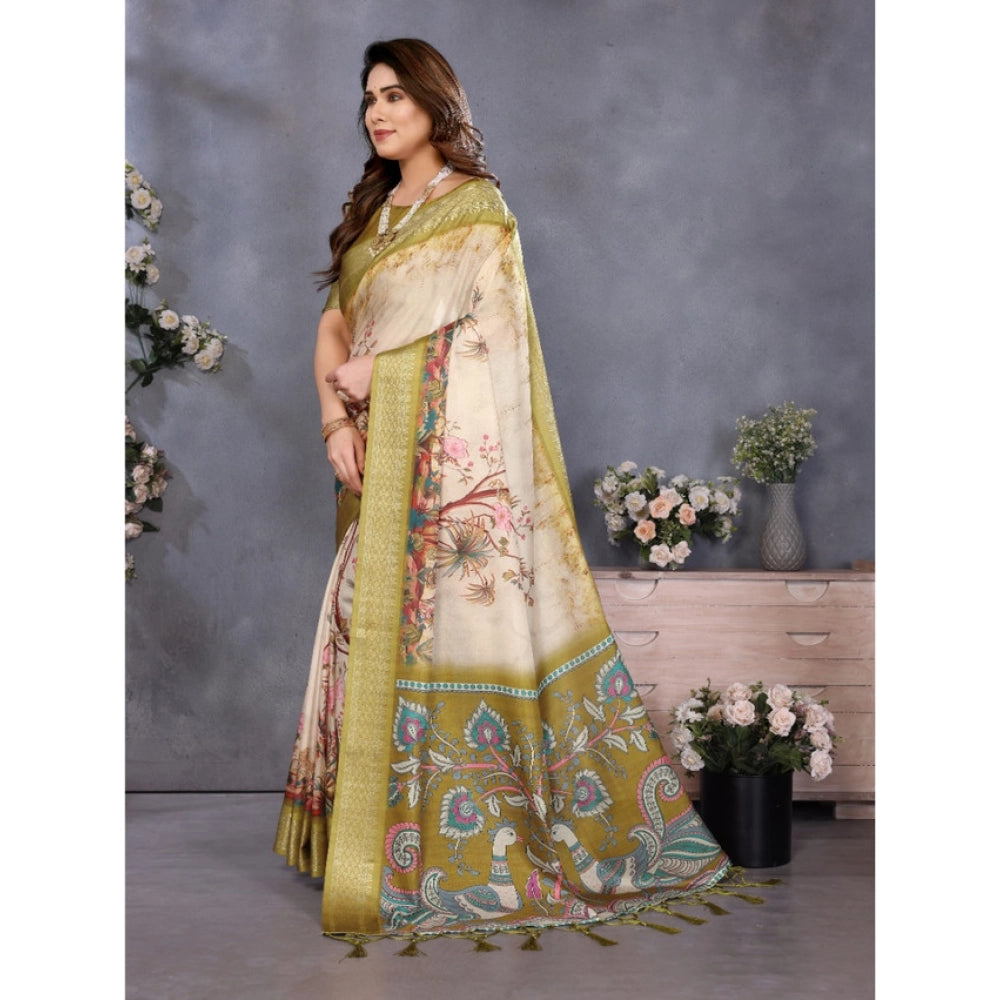 Women's Cotton Silk  Printed Saree With Unstitched Blouse 5.5Mtr闁?Olive Green)