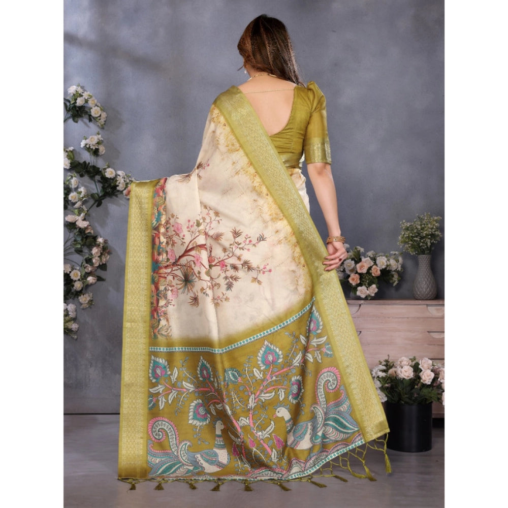 Women's Cotton Silk  Printed Saree With Unstitched Blouse 5.5Mtr闁?Olive Green)