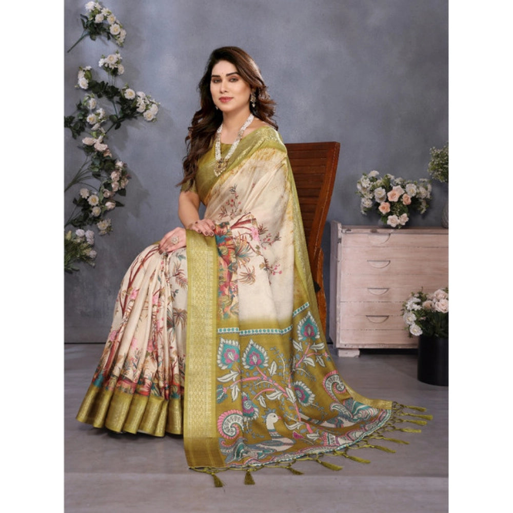 Women's Cotton Silk  Printed Saree With Unstitched Blouse 5.5Mtr闁?Olive Green)