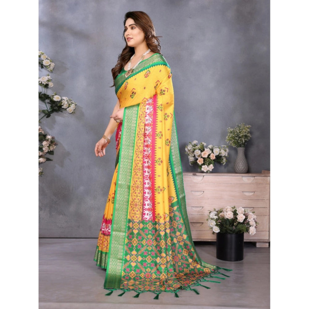 Women's Cotton Silk  Printed Saree With Unstitched Blouse 5.5Mtr闁?Yellow)