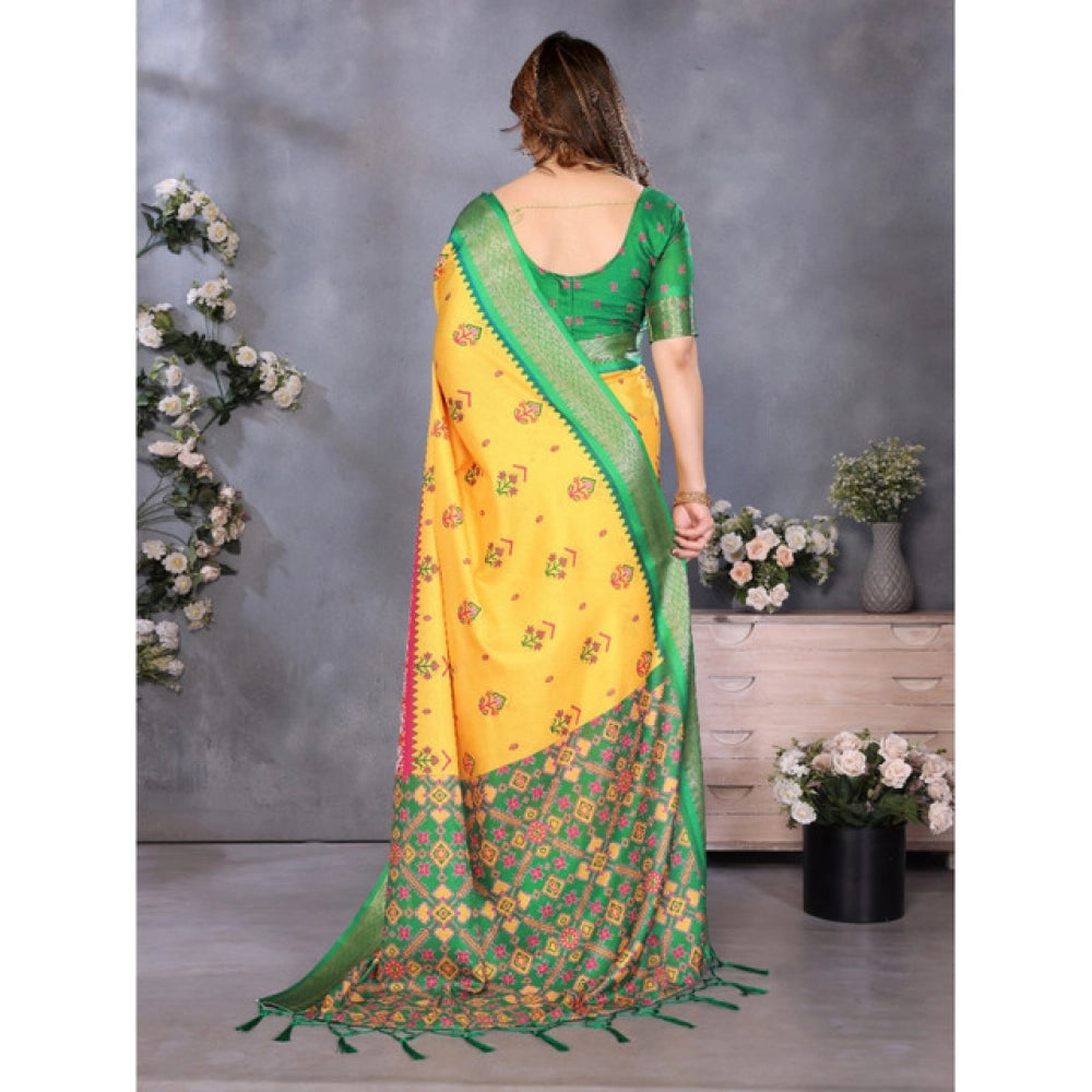 Women's Cotton Silk  Printed Saree With Unstitched Blouse 5.5Mtr闁?Yellow)