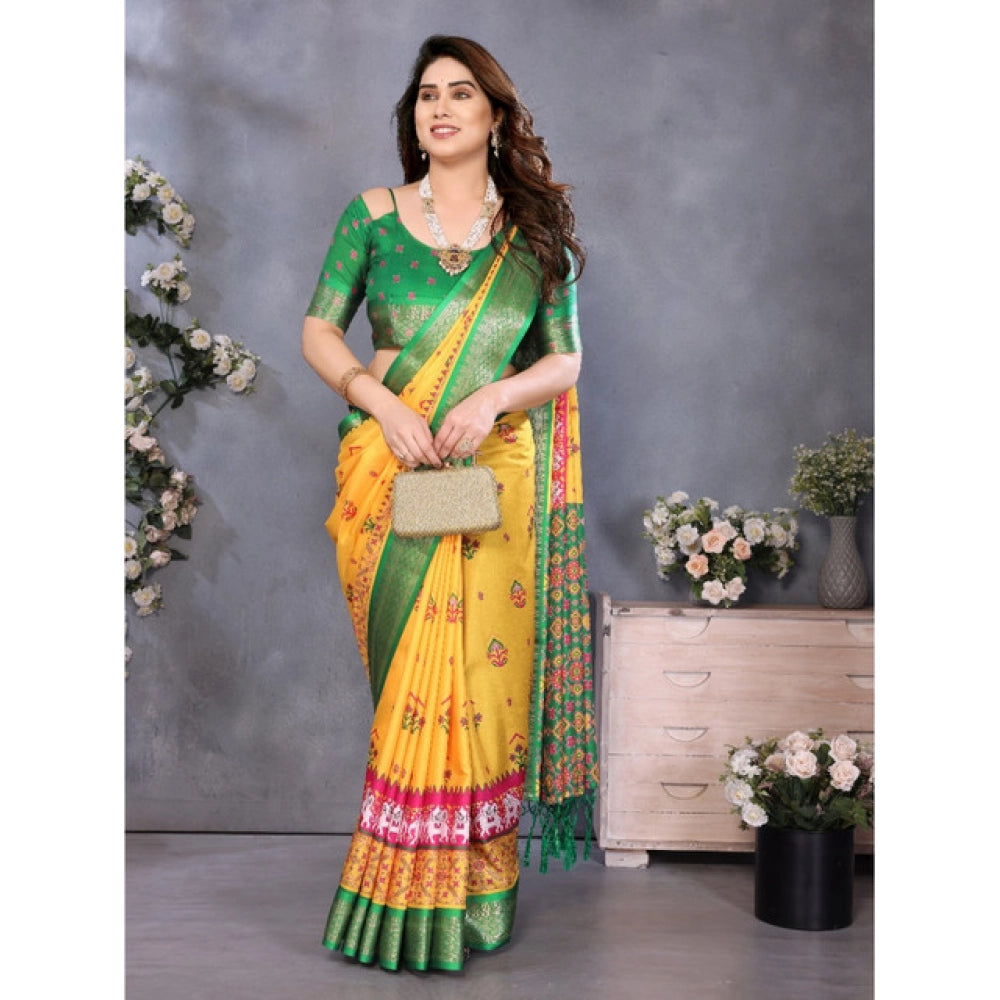Women's Cotton Silk  Printed Saree With Unstitched Blouse 5.5Mtr闁?Yellow)