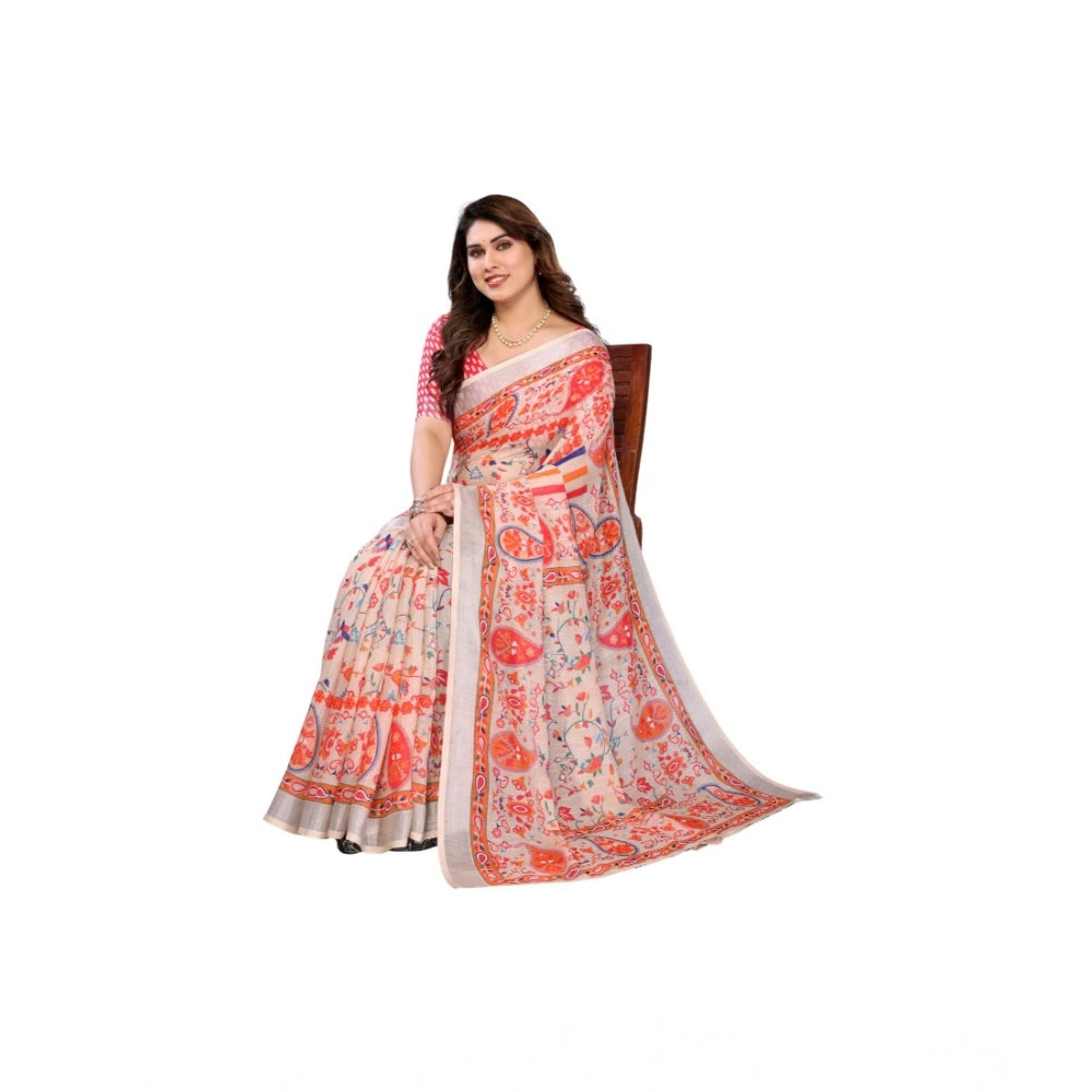 HD Women's Linen Cotton  Printed Saree With Unstitched Blouse 5.5Mtr聽(Orange聽)