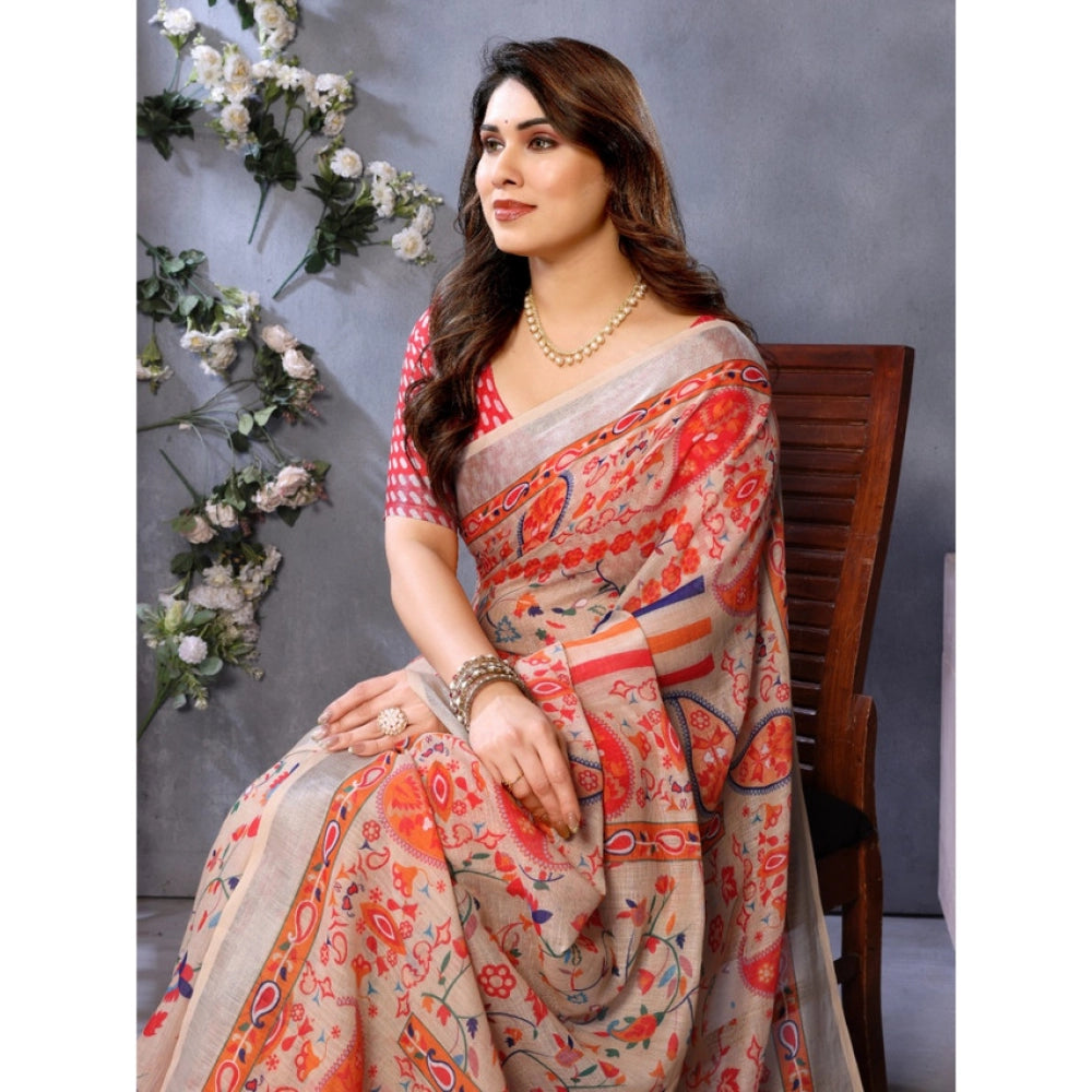 HD Women's Linen Cotton  Printed Saree With Unstitched Blouse 5.5Mtr聽(Orange聽)
