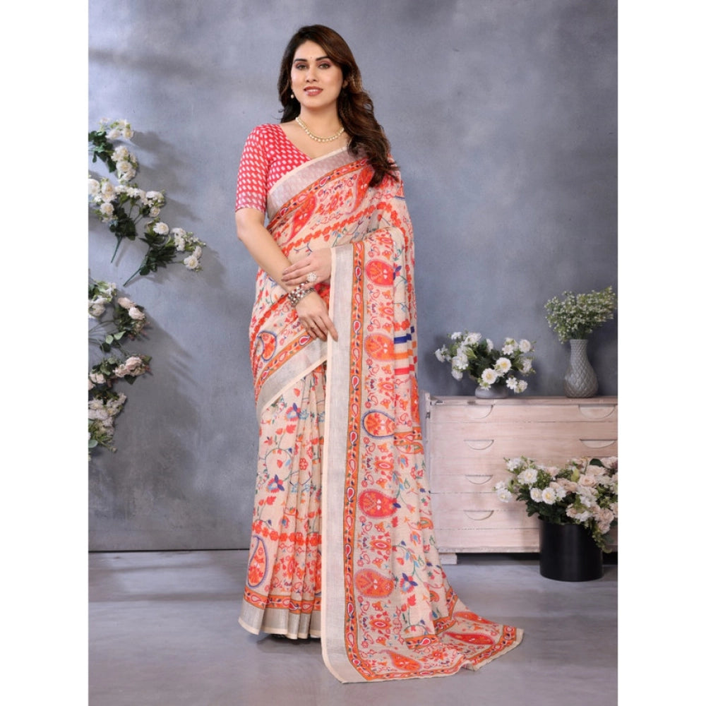 HD Women's Linen Cotton  Printed Saree With Unstitched Blouse 5.5Mtr聽(Orange聽)
