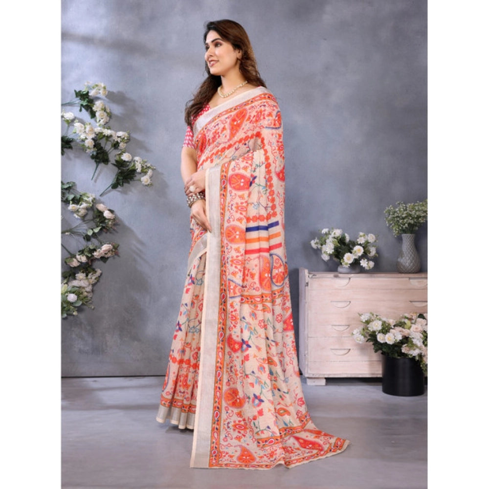 HD Women's Linen Cotton  Printed Saree With Unstitched Blouse 5.5Mtr聽(Orange聽)