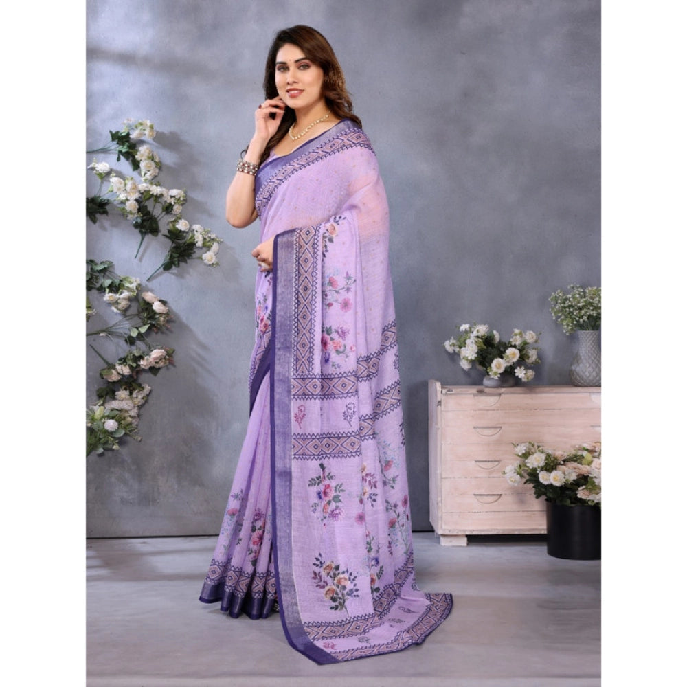 Women's Linen Cotton  Printed Saree With Unstitched Blouse 5.5Mtr闁?Purple)