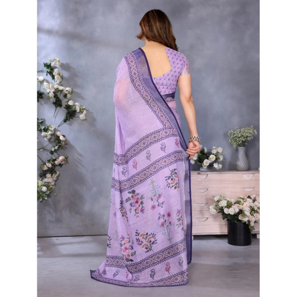 Women's Linen Cotton  Printed Saree With Unstitched Blouse 5.5Mtr闁?Purple)