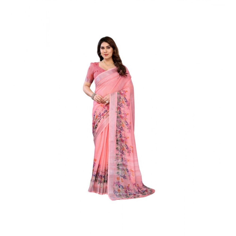 Women's Linen Cotton  Printed Saree With Unstitched Blouse 5.5Mtr闁?Peach)