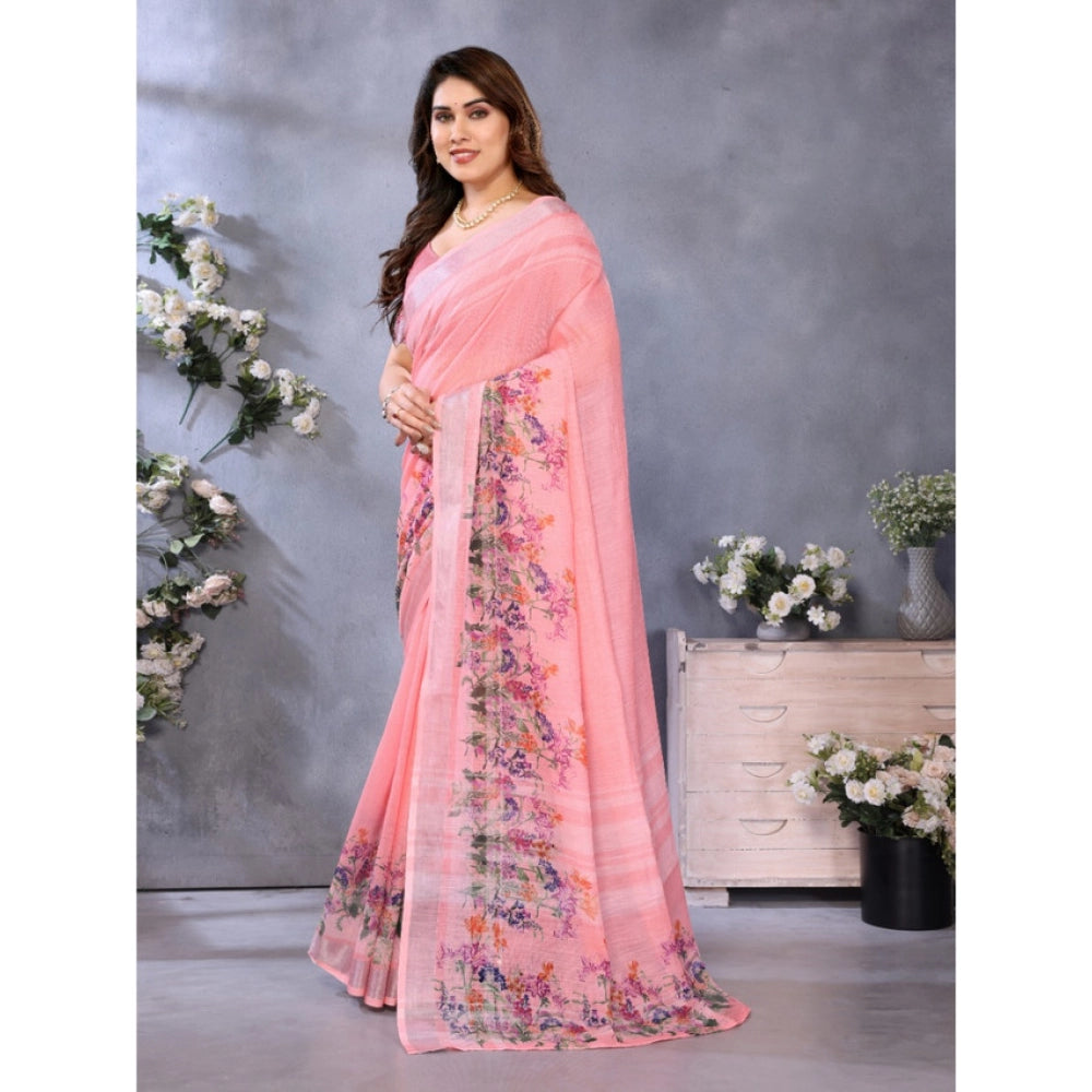 Women's Linen Cotton  Printed Saree With Unstitched Blouse 5.5Mtr闁?Peach)