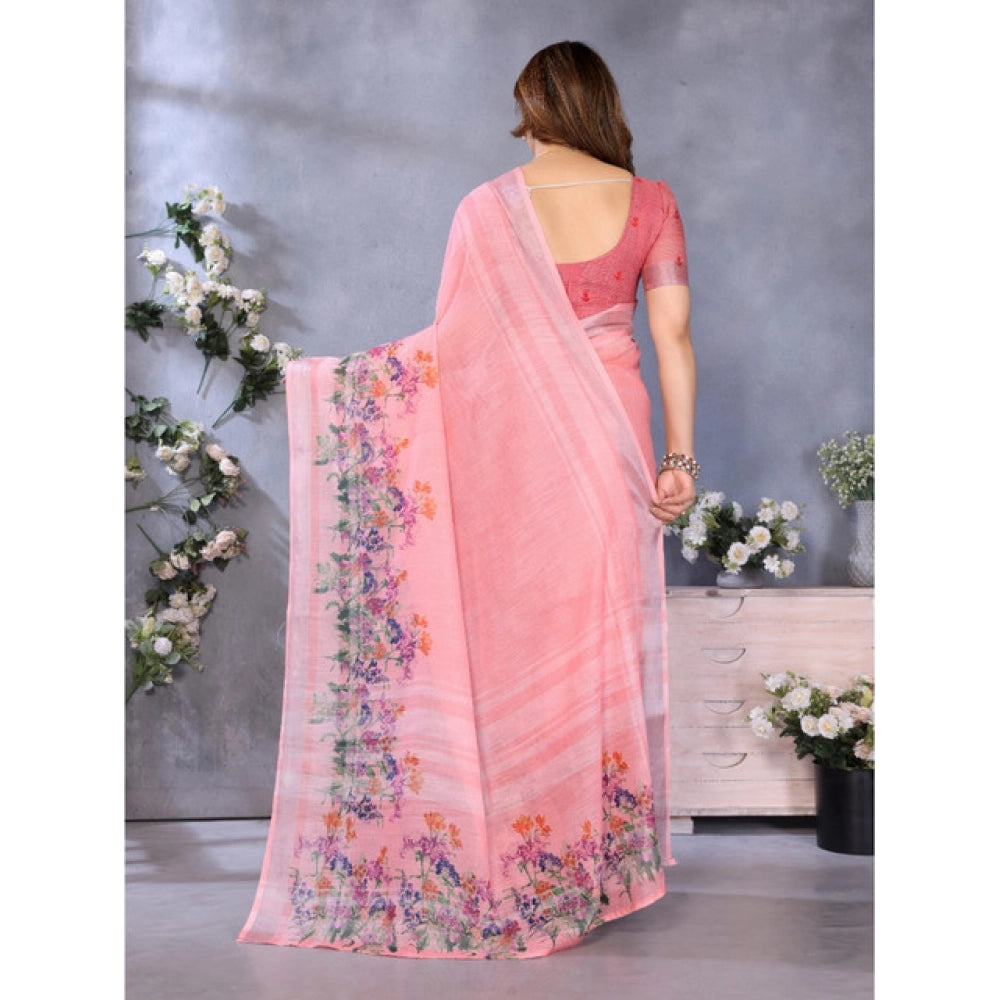 Women's Linen Cotton  Printed Saree With Unstitched Blouse 5.5Mtr闁?Peach)